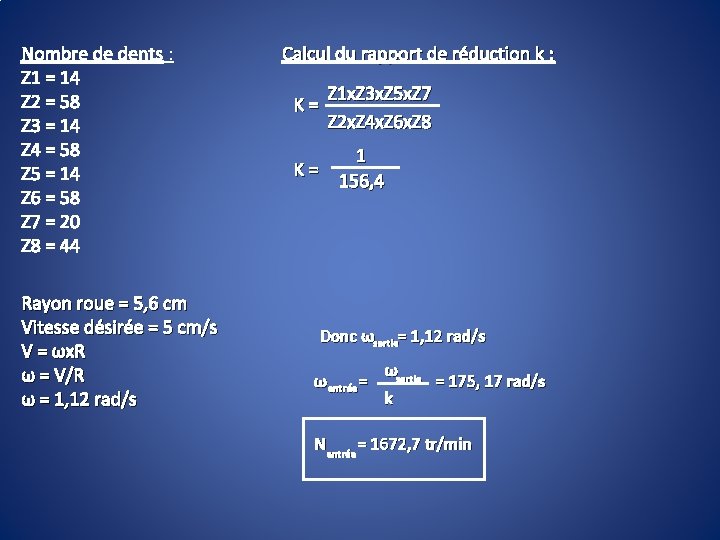 Nombre de dents : Z 1 = 14 Z 2 = 58 Z 3