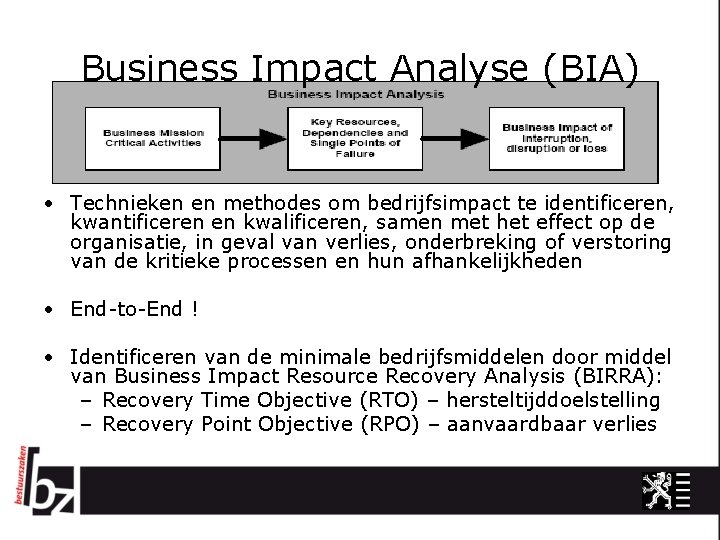 Business Impact Analyse (BIA) • Technieken en methodes om bedrijfsimpact te identificeren, kwantificeren en