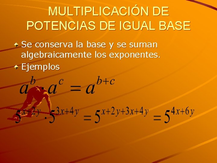MULTIPLICACIÓN DE POTENCIAS DE IGUAL BASE Se conserva la base y se suman algebraicamente
