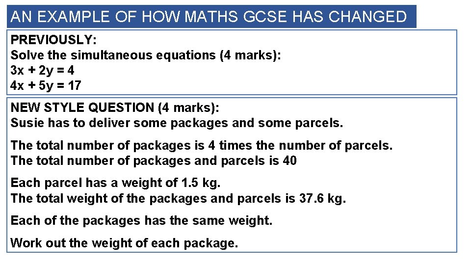 AN EXAMPLE OF HOW MATHS GCSE HAS CHANGED PREVIOUSLY: Solve the simultaneous equations (4