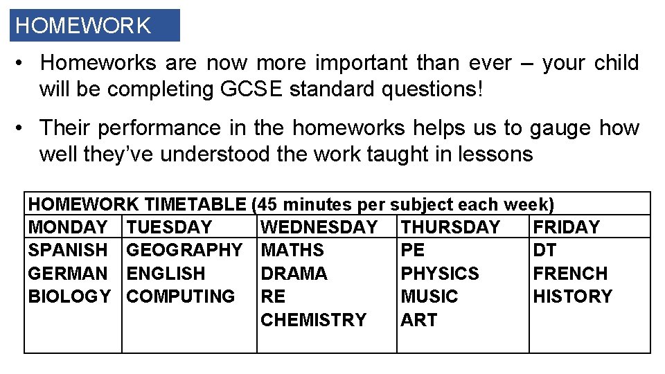 HOMEWORK • Homeworks are now more important than ever – your child will be