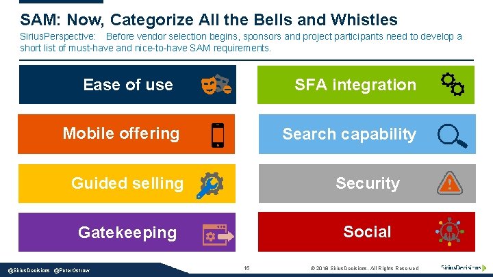 SAM: Now, Categorize All the Bells and Whistles Sirius. Perspective: Before vendor selection begins,