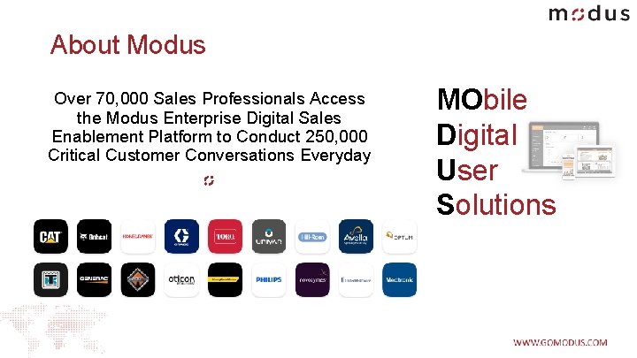 About Modus Over 70, 000 Sales Professionals Access the Modus Enterprise Digital Sales Enablement