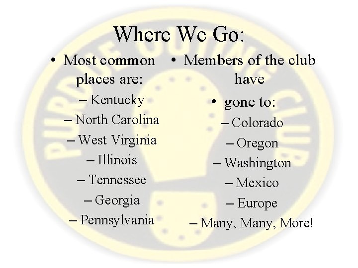 Where We Go: • Most common • Members of the club places are: have