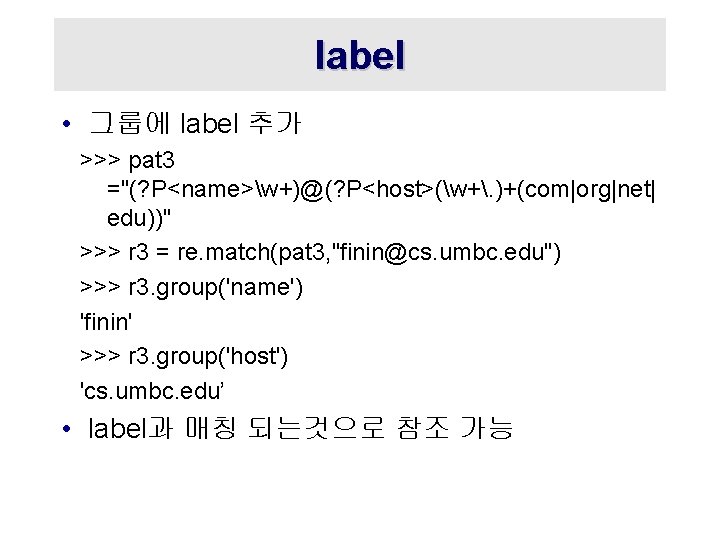 label • 그룹에 label 추가 >>> pat 3 ="(? P<name>w+)@(? P<host>(w+. )+(com|org|net| edu))" >>>