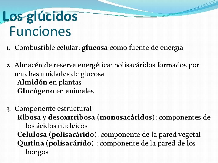 Los glúcidos Funciones 1. Combustible celular: glucosa como fuente de energía 2. Almacén de