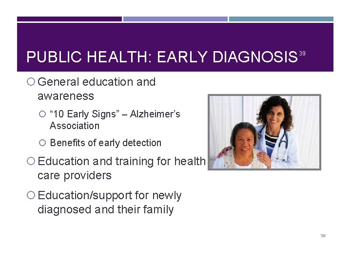 PUBLIC HEALTH: EARLY DIAGNOSIS 39 General education and awareness “ 10 Early Signs” –
