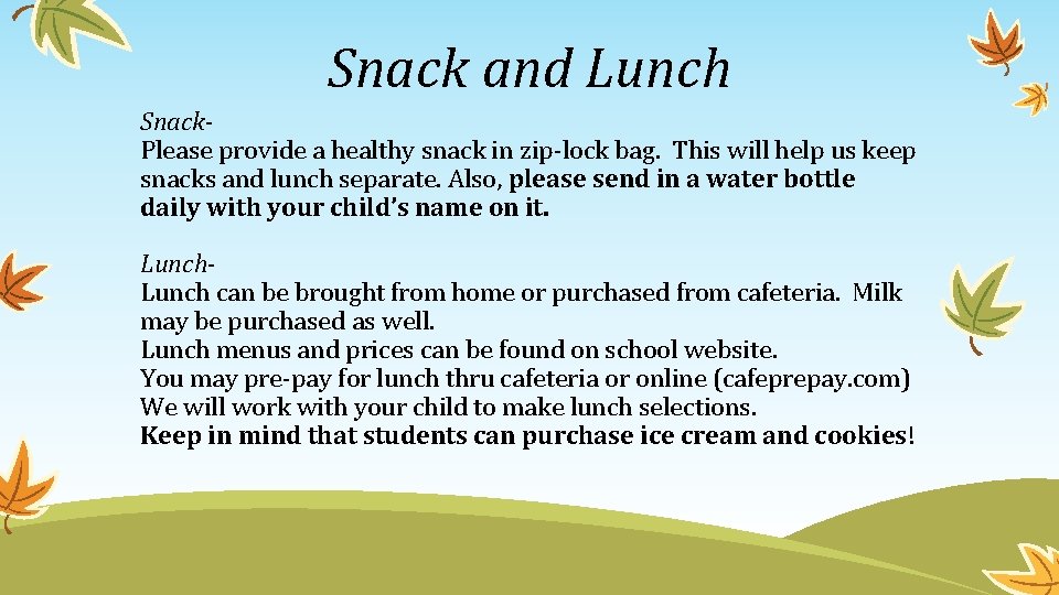 Snack and Lunch Snack. Please provide a healthy snack in zip-lock bag. This will