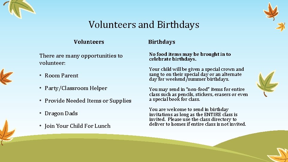 Volunteers and Birthdays Volunteers There are many opportunities to volunteer: • Room Parent •