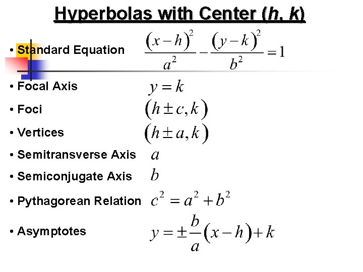 Hyperbolas with Center (h, k) • Standard Equation • Focal Axis • Foci •