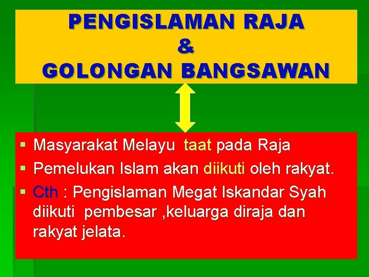 PENGISLAMAN RAJA & GOLONGAN BANGSAWAN § § § Masyarakat Melayu taat pada Raja Pemelukan