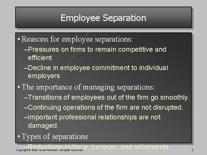 Employee Separation • Reasons for employee separations: –Pressures on firms to remain competitive and