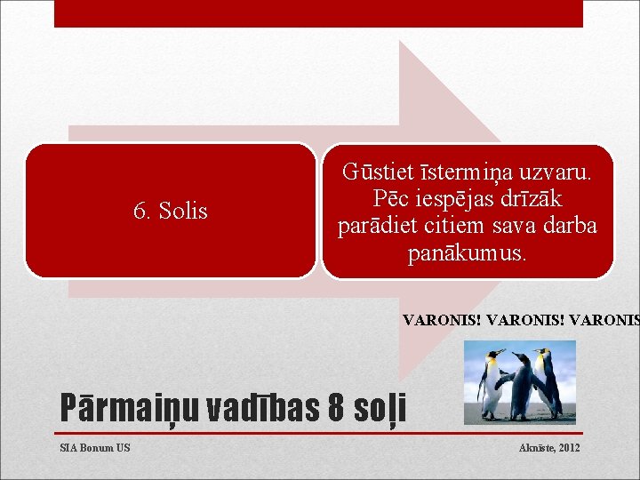 6. Solis Gūstiet īstermiņa uzvaru. Pēc iespējas drīzāk parādiet citiem sava darba panākumus. VARONIS!