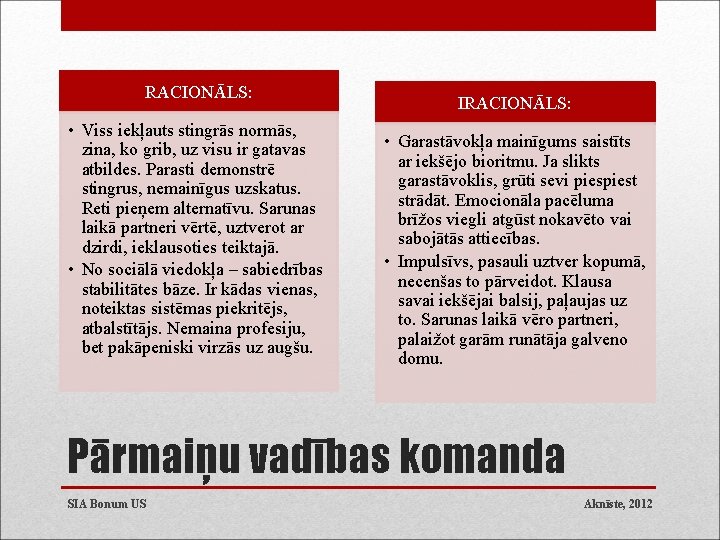 RACIONĀLS: • Viss iekļauts stingrās normās, zina, ko grib, uz visu ir gatavas atbildes.