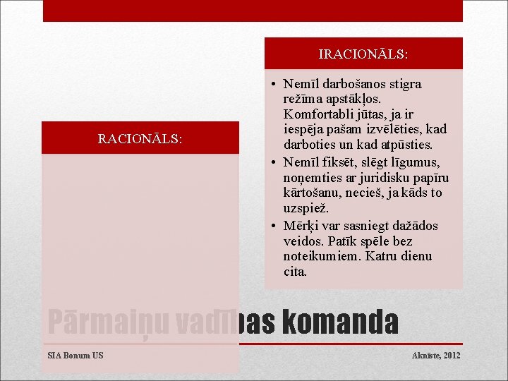 IRACIONĀLS: • Nemīl darbošanos stigra režīma apstākļos. Komfortabli jūtas, ja ir iespēja pašam izvēlēties,