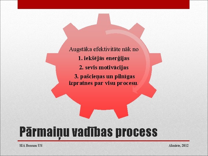 Augstāka efektivitāte nāk no 1. iekšējās enerģijas 2. sevis motivācijas 3. pašcieņas un pilnīgas