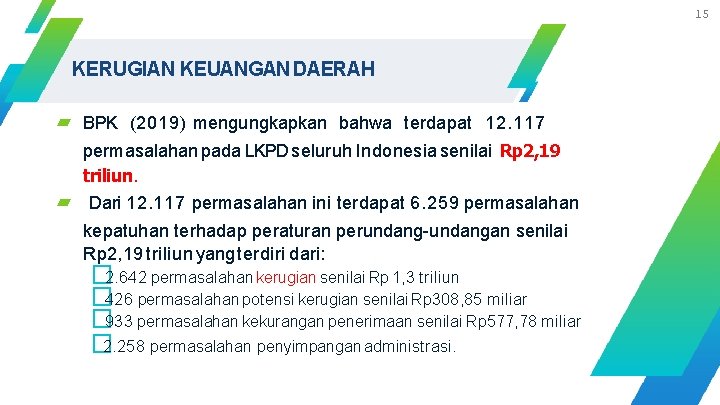 15 KERUGIAN KEUANGAN DAERAH ▰ ▰ BPK (2019) mengungkapkan bahwa terdapat 12. 117 permasalahan