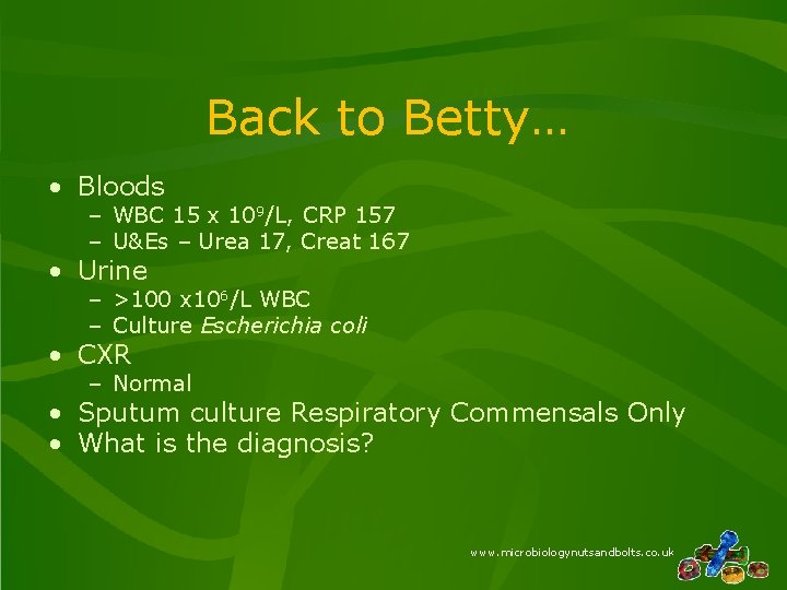 Back to Betty… • Bloods – WBC 15 x 109/L, CRP 157 – U&Es