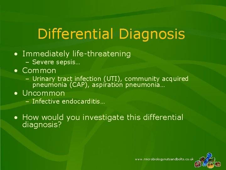 Differential Diagnosis • Immediately life-threatening – Severe sepsis… • Common – Urinary tract infection
