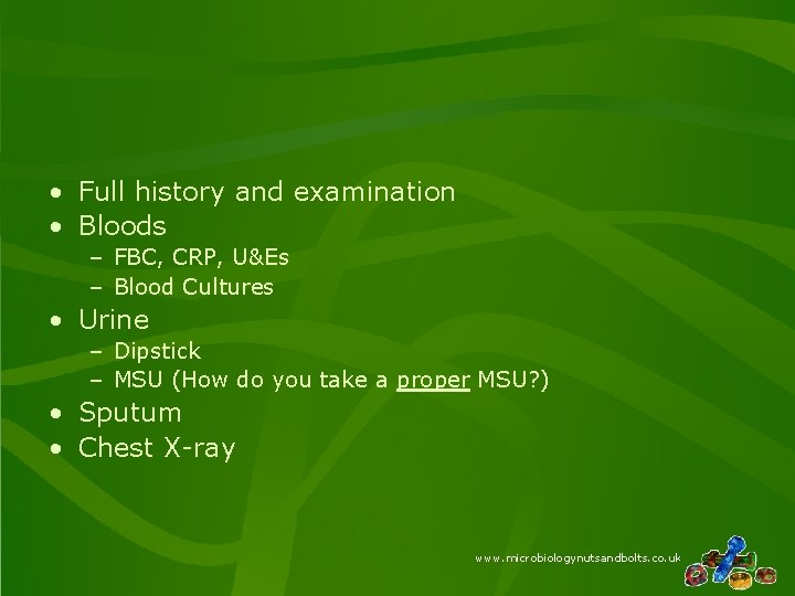  • Full history and examination • Bloods – FBC, CRP, U&Es – Blood