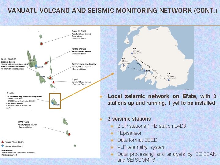 VANUATU VOLCANO AND SEISMIC MONITORING NETWORK (CONT. ) v Local seismic network on Efate,