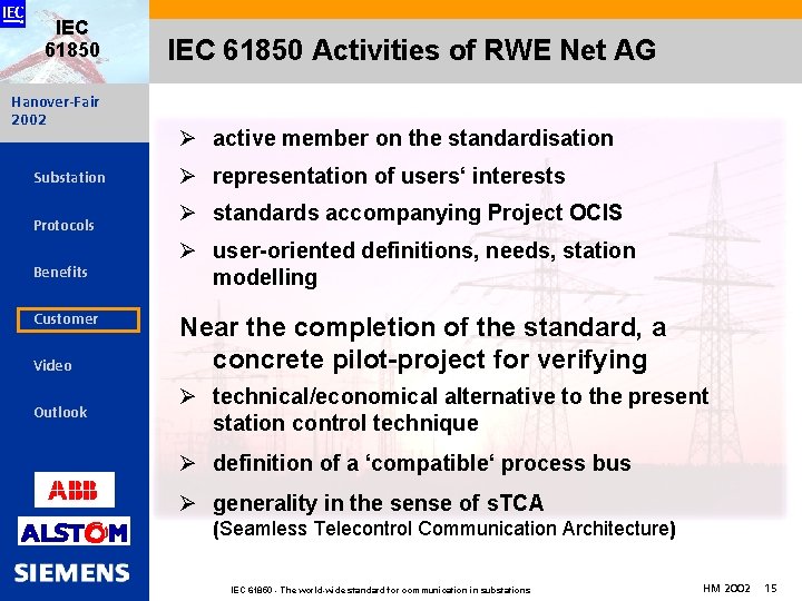 IEC 61850 Hanover-Fair 2002 Substation Protocols Benefits Customer Video Outlook IEC 61850 Activities of