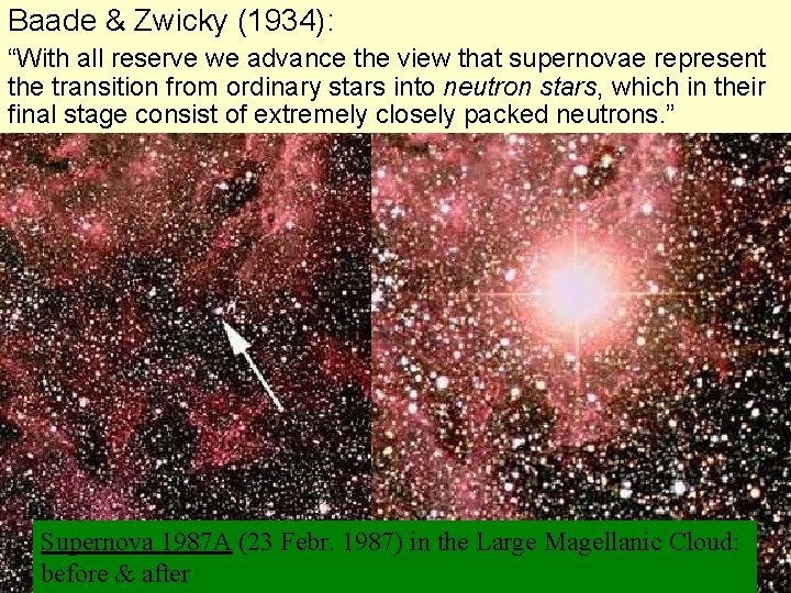 Baade & Zwicky (1934): “With all reserve we advance the view that supernovae represent