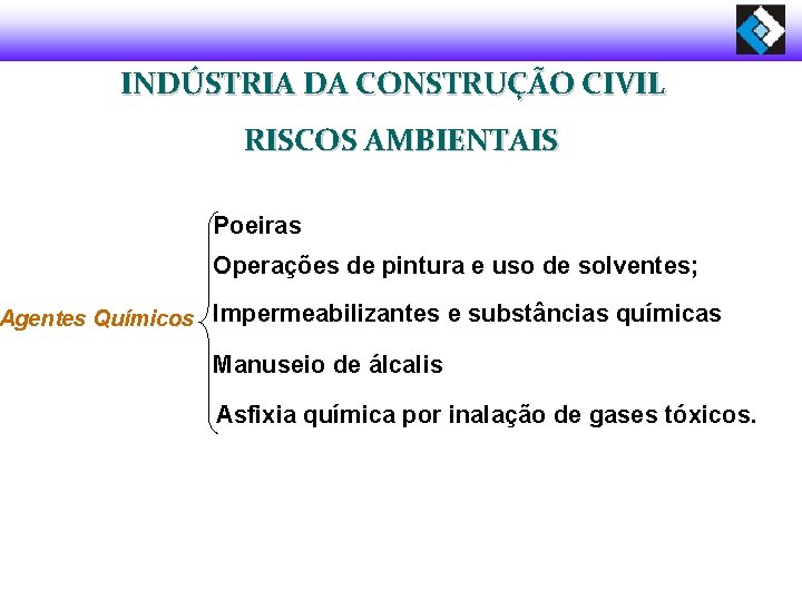 INDÚSTRIA DA CONSTRUÇÃO CIVIL RISCOS AMBIENTAIS Poeiras Operações de pintura e uso de solventes;