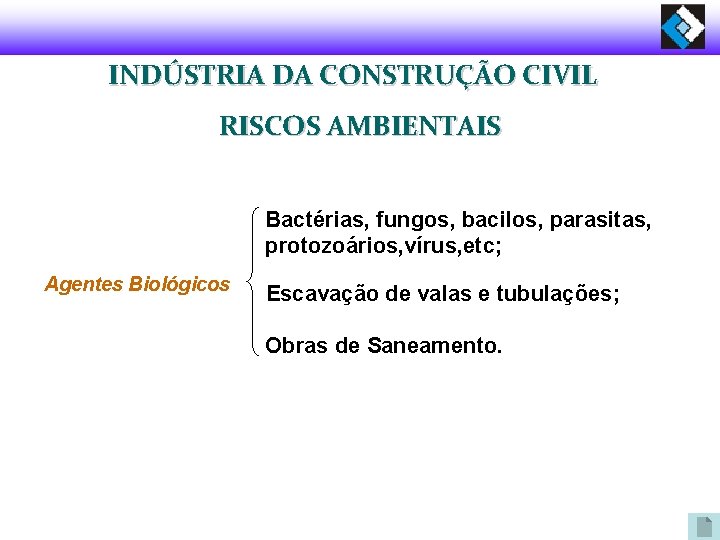 INDÚSTRIA DA CONSTRUÇÃO CIVIL RISCOS AMBIENTAIS Bactérias, fungos, bacilos, parasitas, protozoários, vírus, etc; Agentes