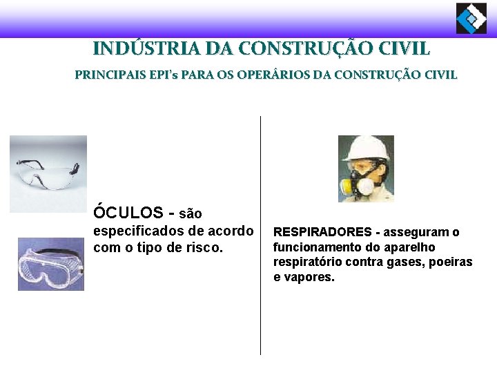 INDÚSTRIA DA CONSTRUÇÃO CIVIL PRINCIPAIS EPI’s PARA OS OPERÁRIOS DA CONSTRUÇÃO CIVIL ÓCULOS -