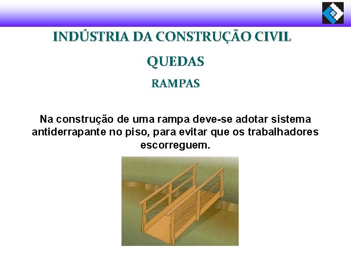INDÚSTRIA DA CONSTRUÇÃO CIVIL QUEDAS RAMPAS Na construção de uma rampa deve-se adotar sistema