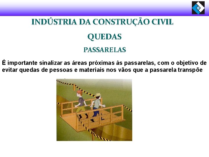 INDÚSTRIA DA CONSTRUÇÃO CIVIL QUEDAS PASSARELAS É importante sinalizar as áreas próximas às passarelas,