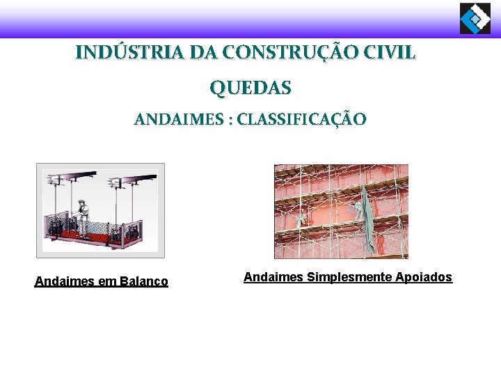 INDÚSTRIA DA CONSTRUÇÃO CIVIL QUEDAS ANDAIMES : CLASSIFICAÇÃO Andaimes em Balanço Andaimes Simplesmente Apoiados