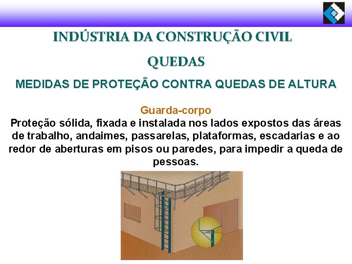 INDÚSTRIA DA CONSTRUÇÃO CIVIL QUEDAS MEDIDAS DE PROTEÇÃO CONTRA QUEDAS DE ALTURA Guarda-corpo Proteção
