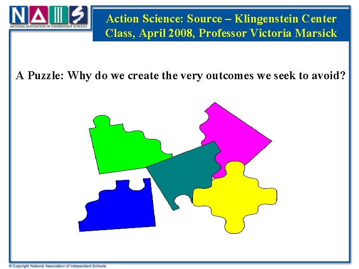 A Action Puzzle. Science: Source – Klingenstein Center Class, April 2008, Professor Victoria Marsick
