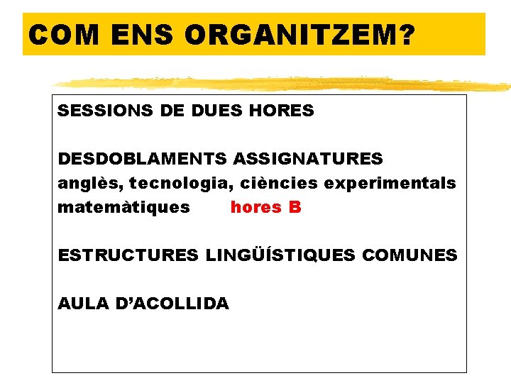 COM ENS ORGANITZEM? SESSIONS DE DUES HORES DESDOBLAMENTS ASSIGNATURES anglès, tecnologia, ciències experimentals matemàtiques