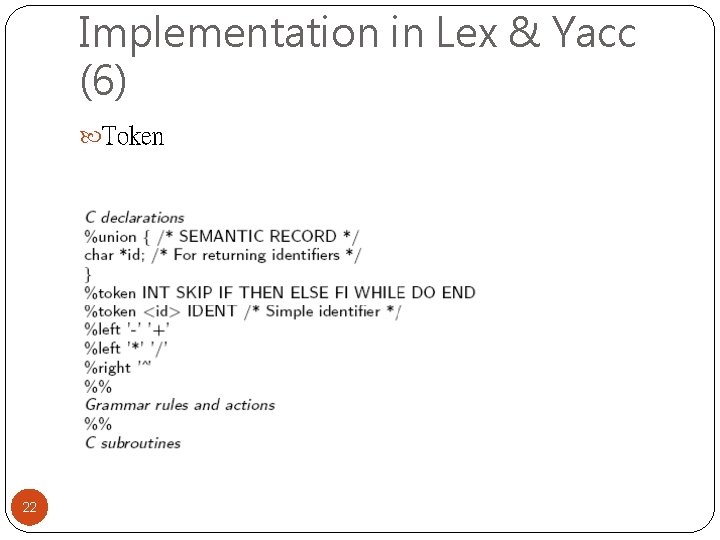 Implementation in Lex & Yacc (6) Token 22 