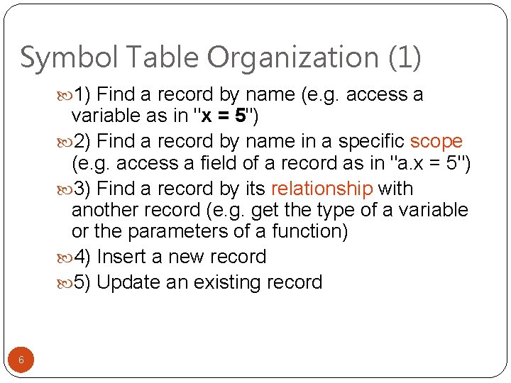 Symbol Table Organization (1) 1) Find a record by name (e. g. access a