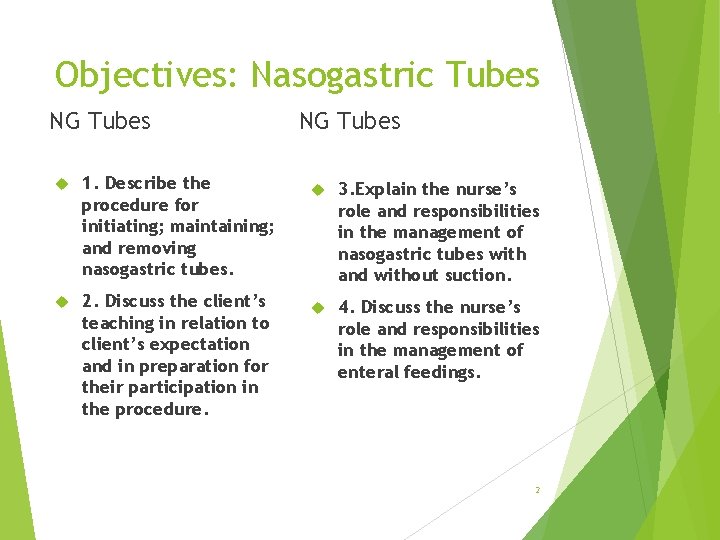 Objectives: Nasogastric Tubes NG Tubes 1. Describe the procedure for initiating; maintaining; and removing