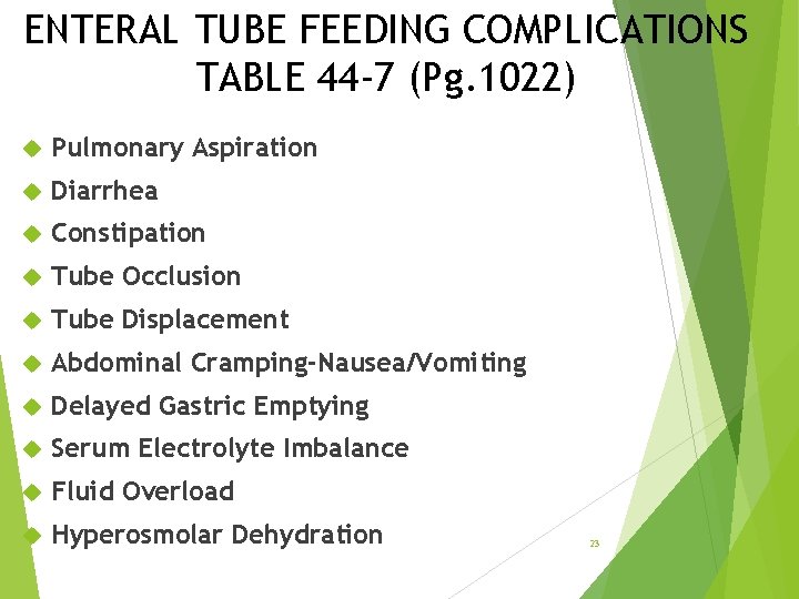 ENTERAL TUBE FEEDING COMPLICATIONS TABLE 44 -7 (Pg. 1022) Pulmonary Aspiration Diarrhea Constipation Tube