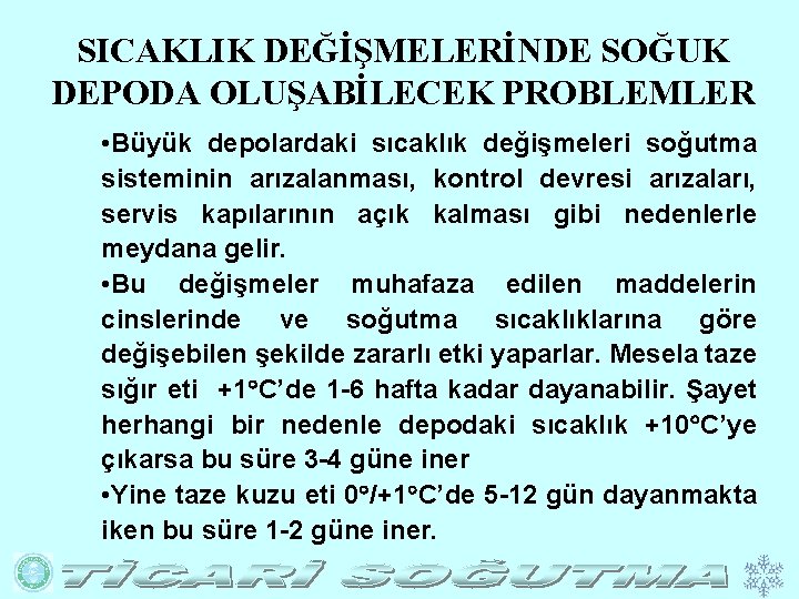 SICAKLIK DEĞİŞMELERİNDE SOĞUK DEPODA OLUŞABİLECEK PROBLEMLER • Büyük depolardaki sıcaklık değişmeleri soğutma sisteminin arızalanması,