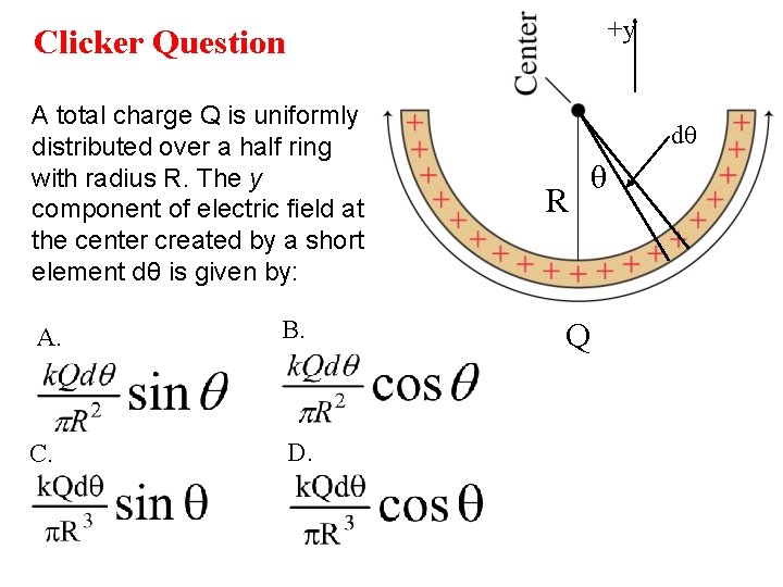 +y Clicker Question A total charge Q is uniformly distributed over a half ring