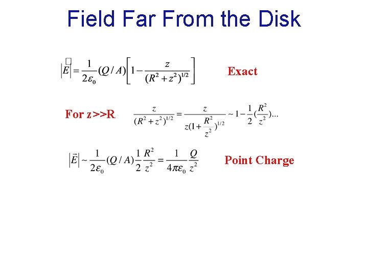 Field Far From the Disk Exact For z>>R Point Charge 