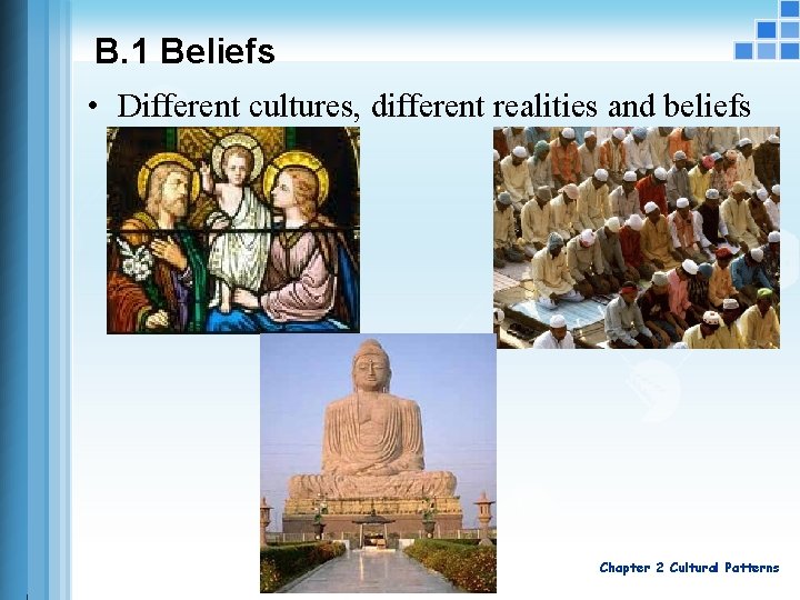 B. 1 Beliefs • Different cultures, different realities and beliefs Chapter 2 Cultural Patterns