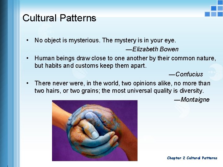 Cultural Patterns • No object is mysterious. The mystery is in your eye. —Elizabeth