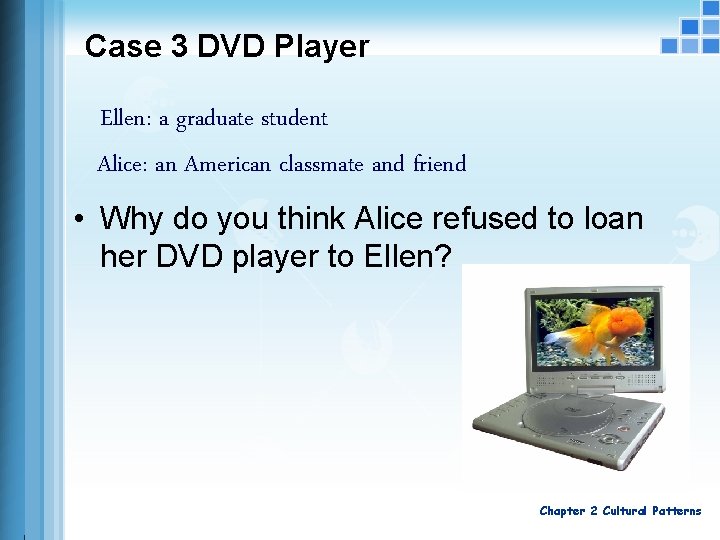 Case 3 DVD Player Ellen: a graduate student Alice: an American classmate and friend