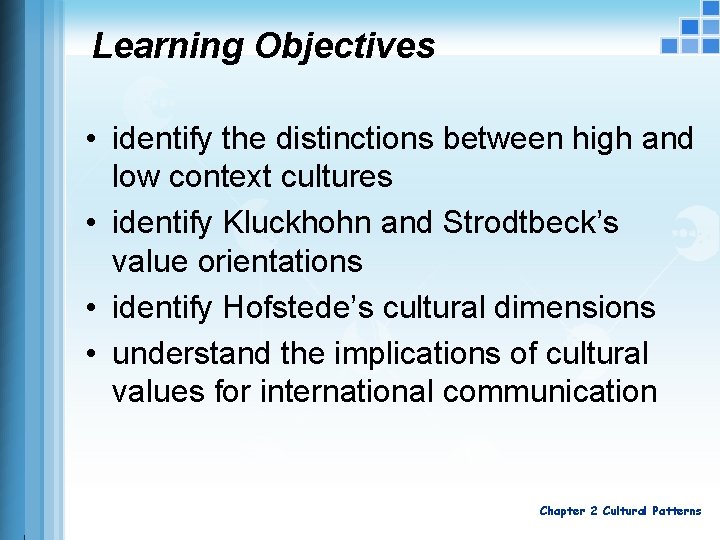 Learning Objectives • identify the distinctions between high and low context cultures • identify