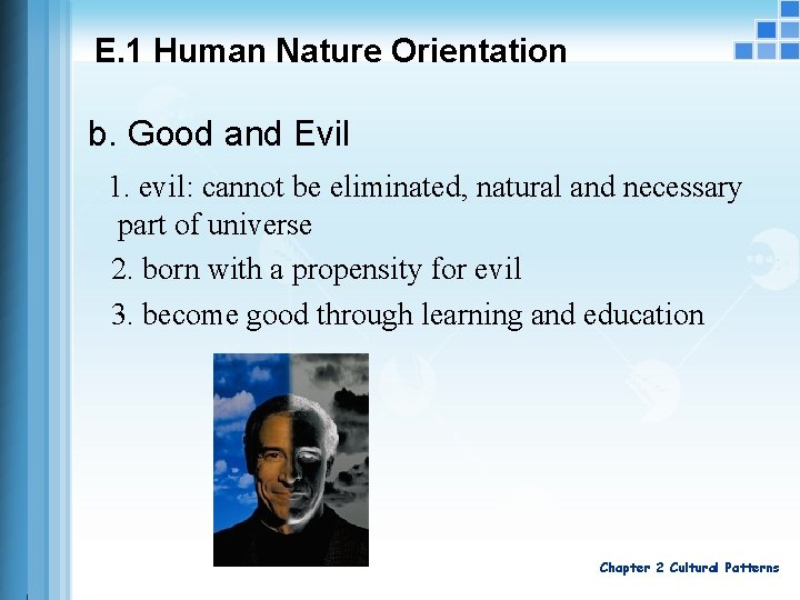 E. 1 Human Nature Orientation b. Good and Evil 1. evil: cannot be eliminated,