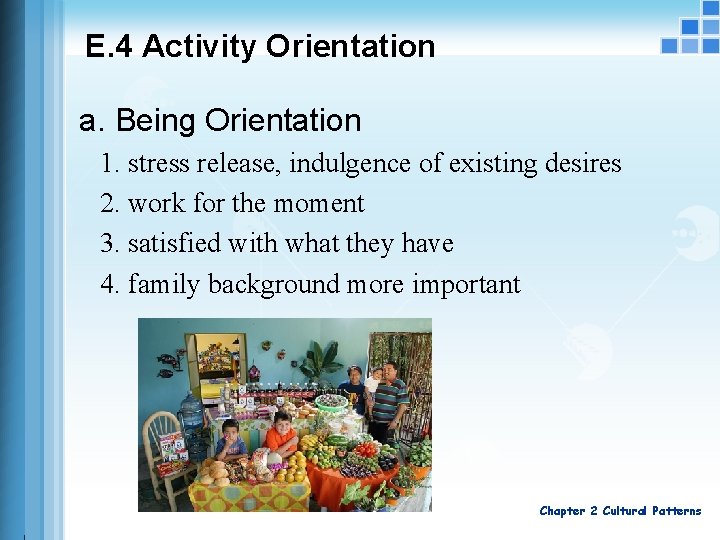E. 4 Activity Orientation a. Being Orientation 1. stress release, indulgence of existing desires