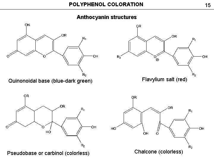 POLYPHENOL COLORATION Anthocyanin structures Quinonoidal base (blue-dark green) Pseudobase or carbinol (colorless) Flavylium salt